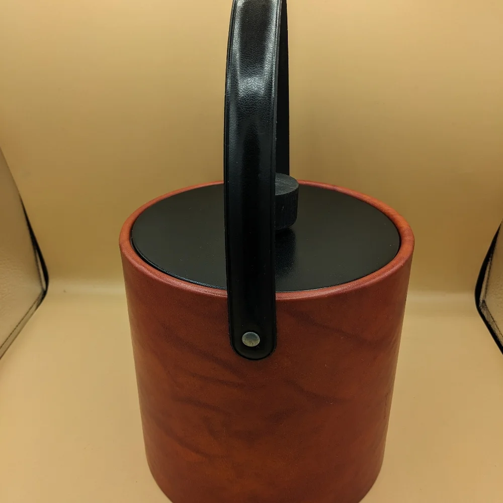 Irvinware Vintage Faux Leather Vinyl Blood Orange Ice Bucket w/ Black Lid Handle